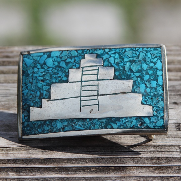 Mexican Sterling Silver and Turquoise inlay Aztec Pyramid belt buckle - Picture 1 of 3